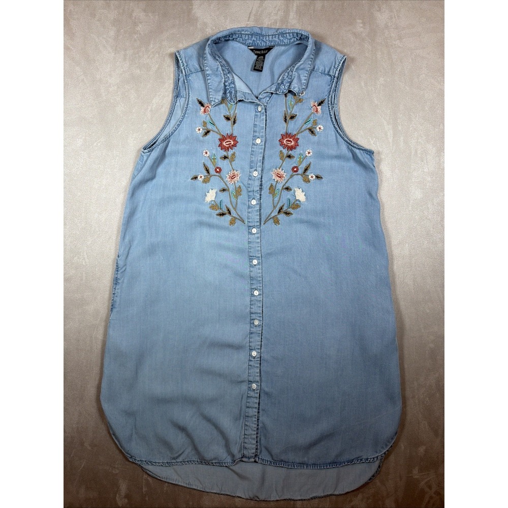Boho Embroidered Lyocell Chambray Shirt Dress Sleeveless Floral Women's L